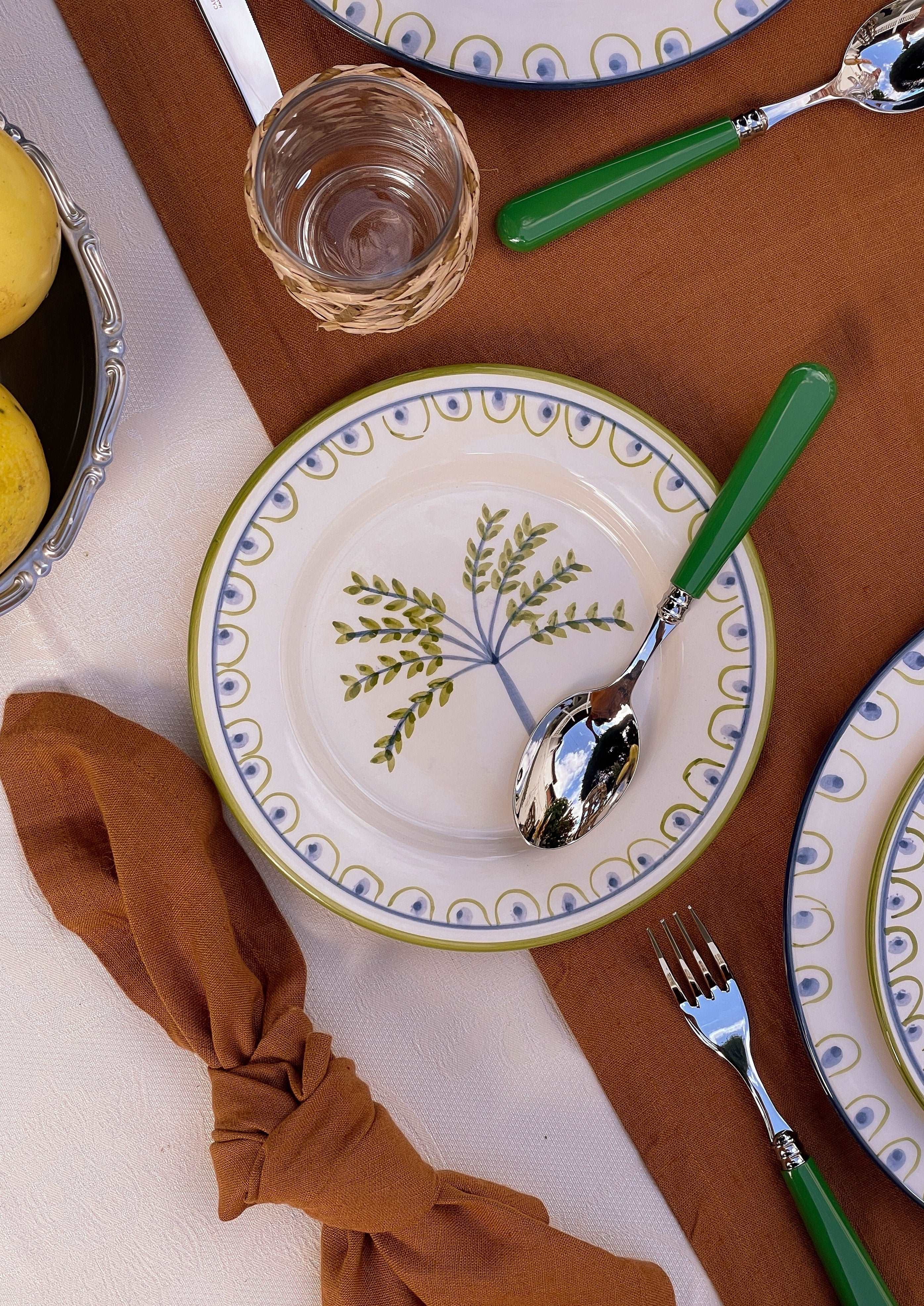 Coconut Tree Hand-Painted Ceramic Dessert Plate - White, Green, and Blue - Matching with Green Cutlery