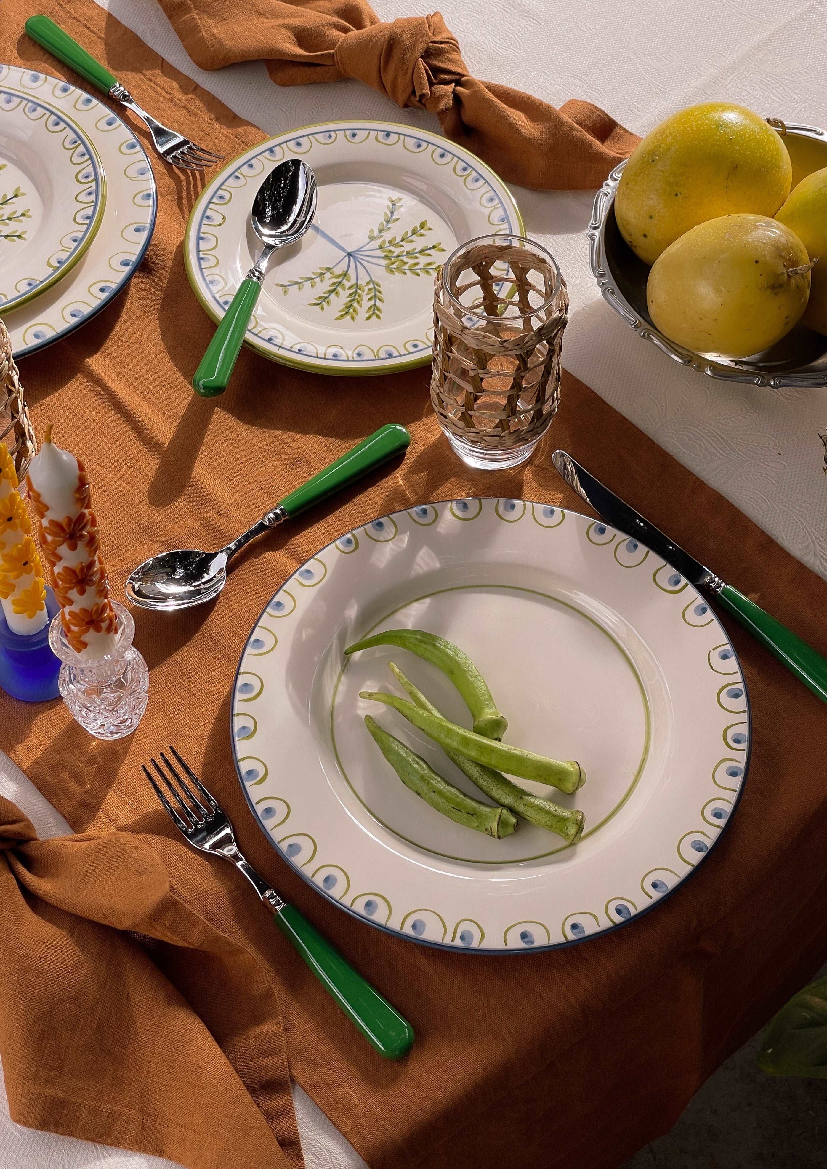 Coconut Hand-Painted Ceramic Dinner Plate - White, Green, and Blue - Matching with Coqueiro Dessert Plate and Green Cutlery