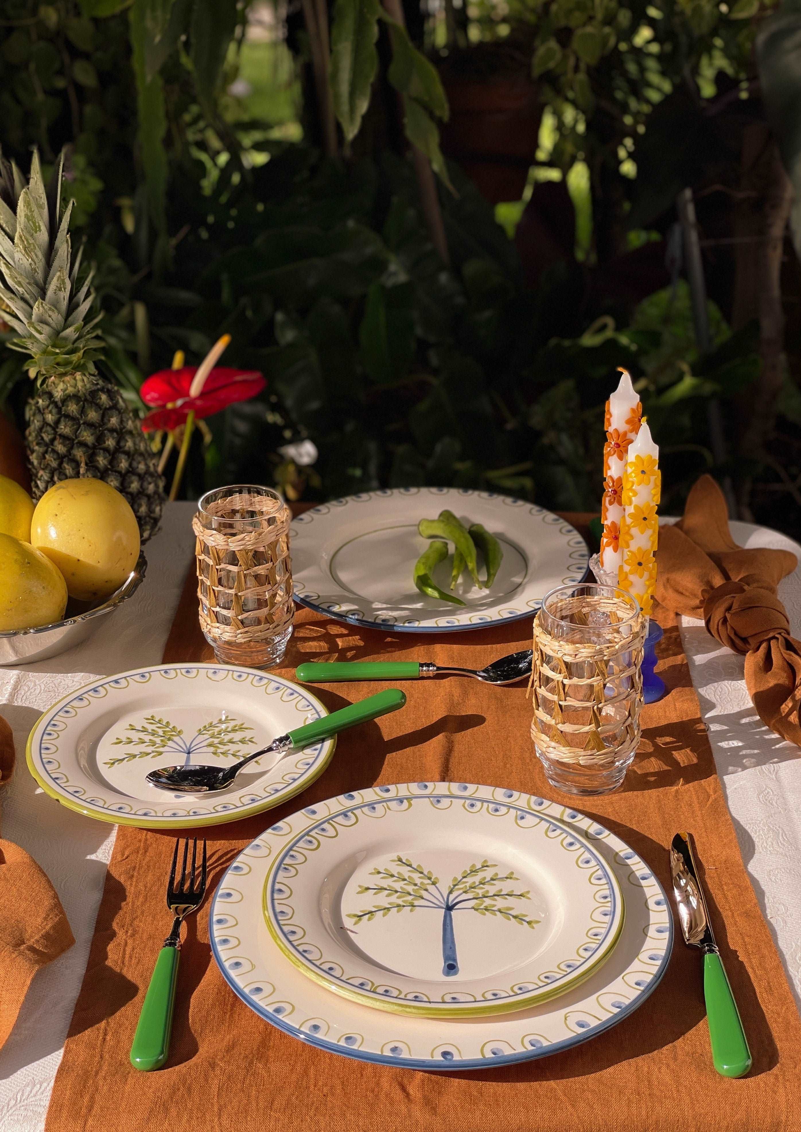 Coconut Hand-Painted Ceramic Dinner Plate - White, Green, and Blue - Matching with Coqueiro Dessert Plate and Green Cutlety - On the top of Terracotta Linen Table Runner