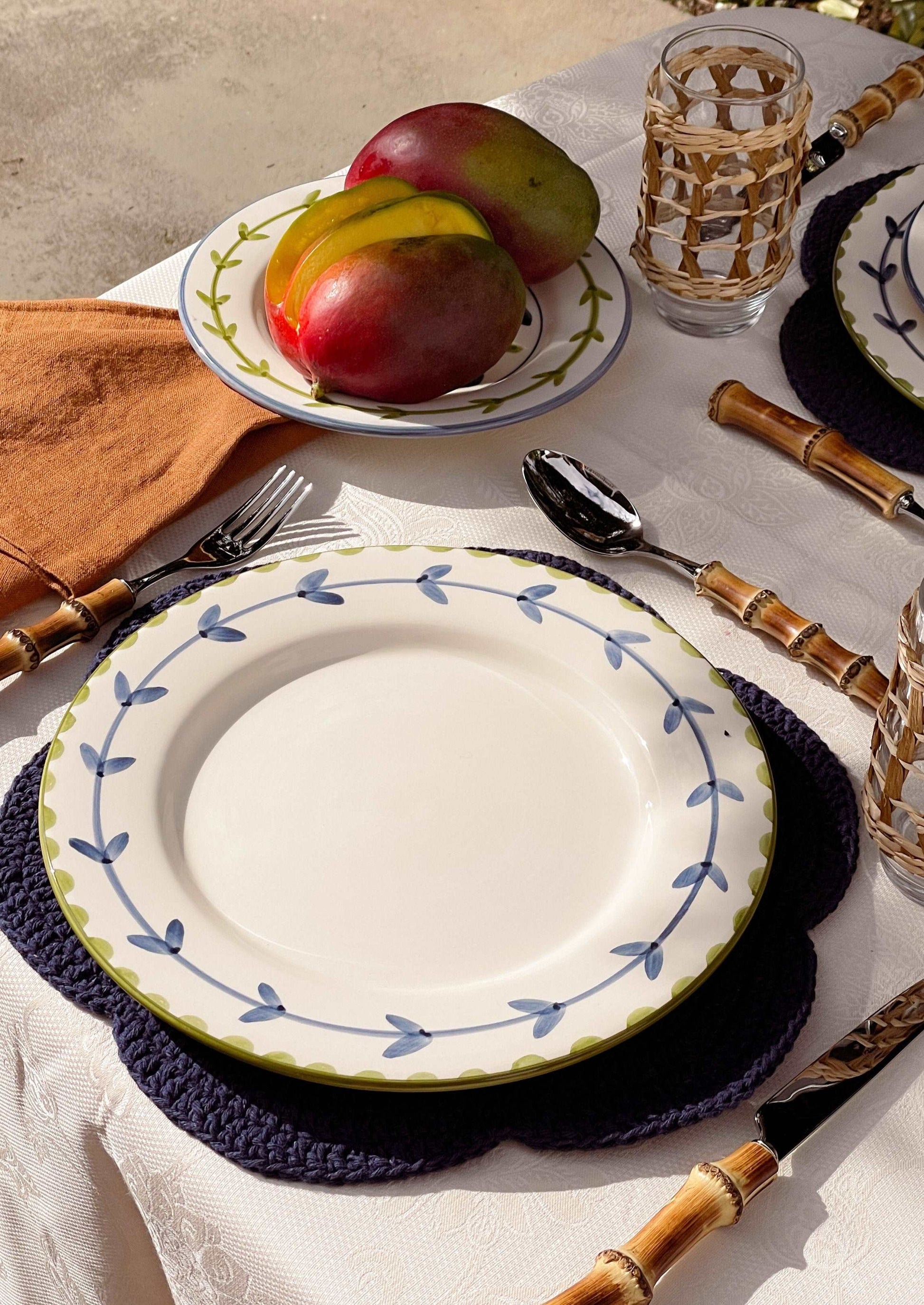 Banana Hand-Painted Dinner Plate - On the Table - Matching Bamboo Cutlery