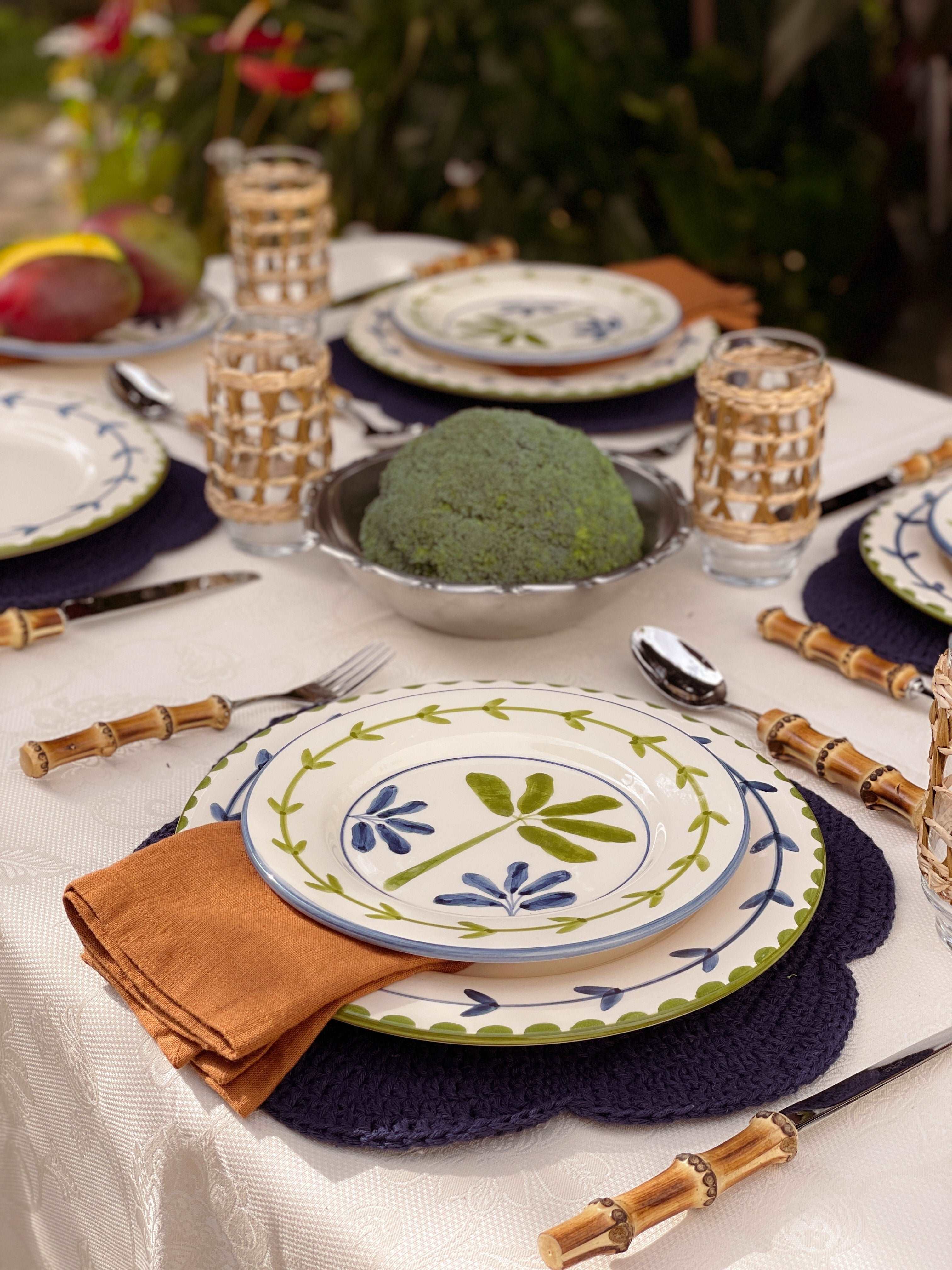 Banana Hand-Painted Dinner Plate - On the Table - Matching with Bananeira Dessert Plate and Bamboo Cutler