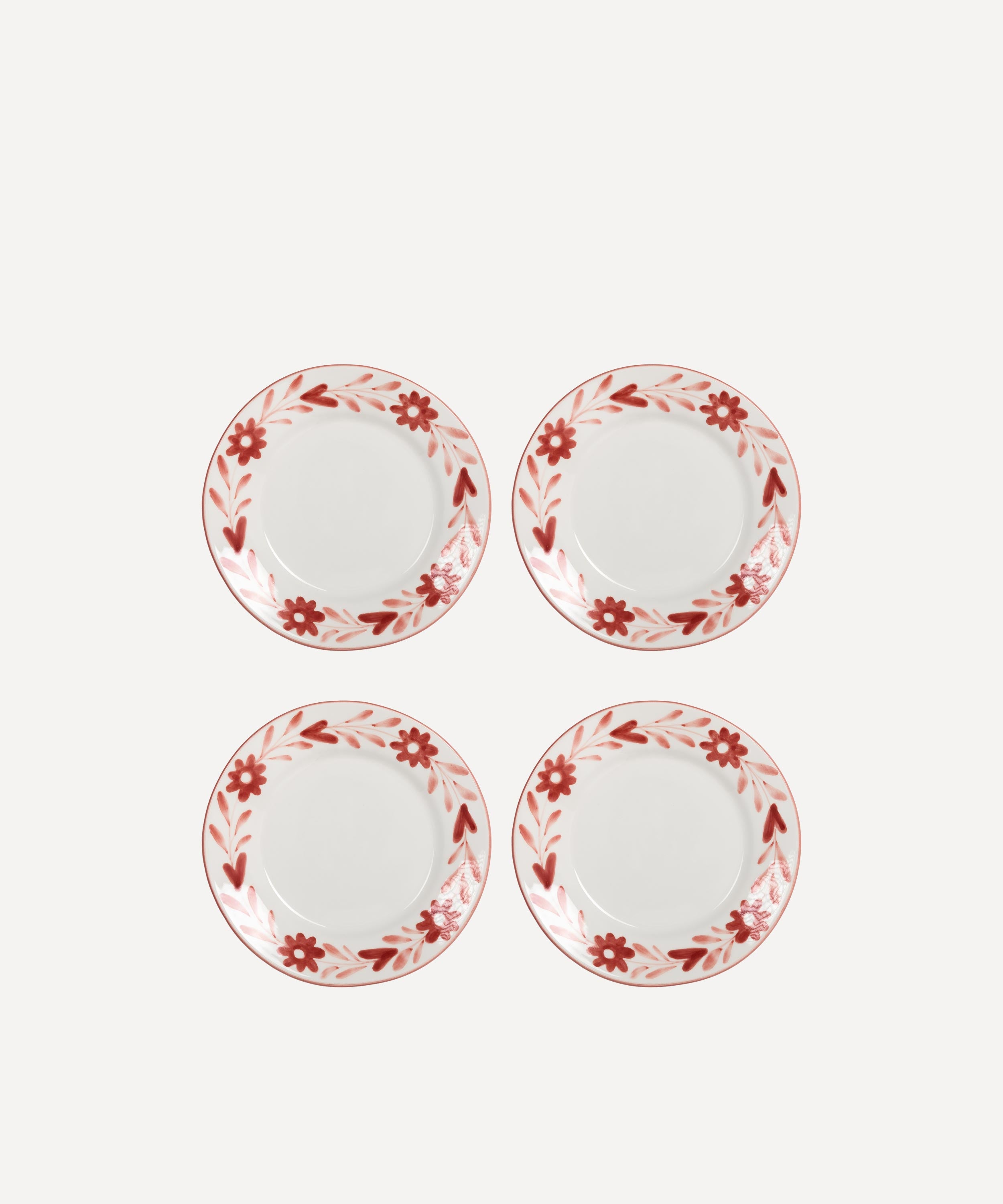 Red Flowers Hand Painted Salad Plate - Set of 4