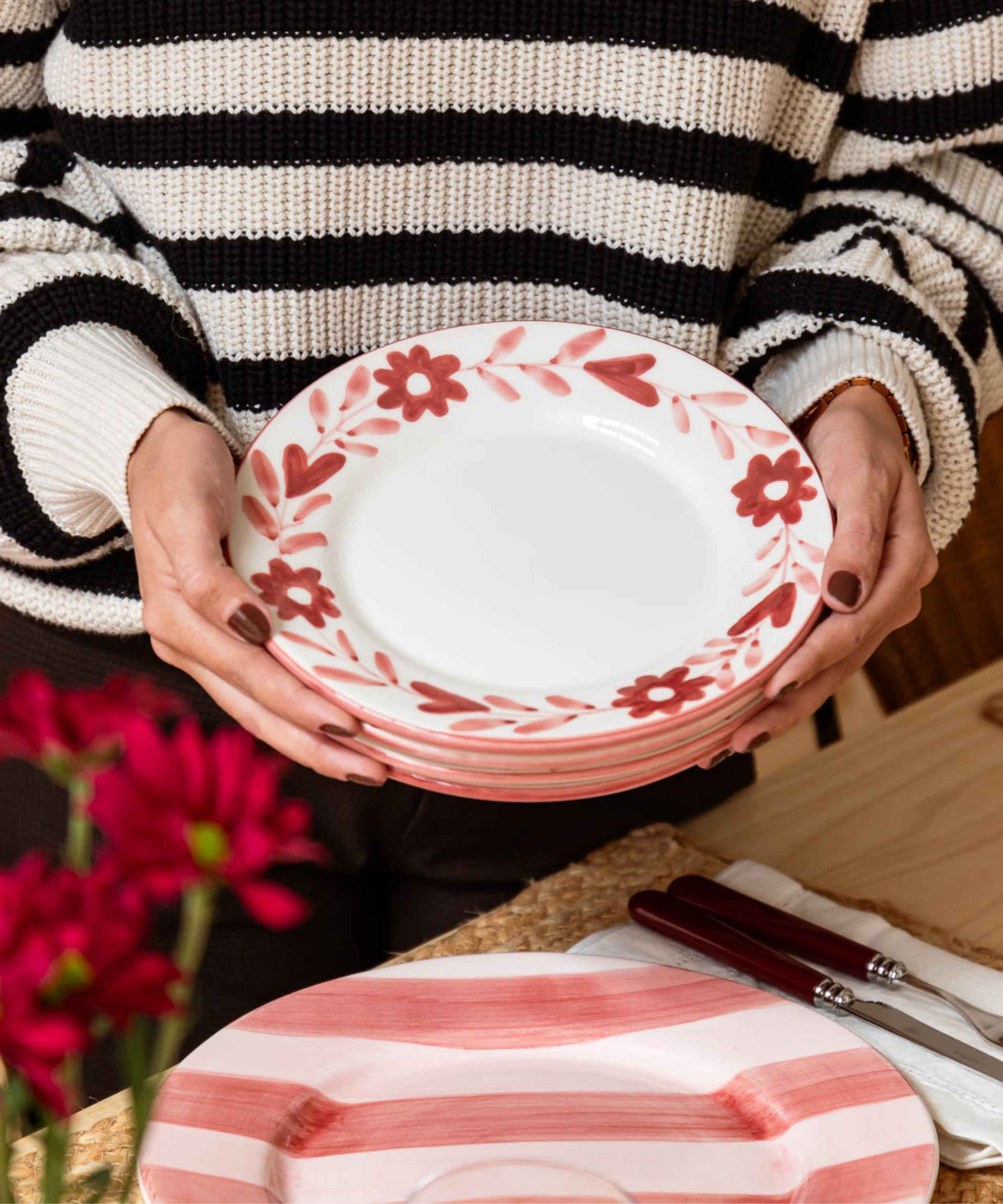 Red Flowers Hand Painted Salad Plate - Set of 4