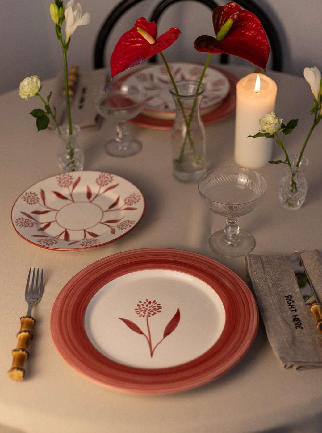 Cora Hand-Painted Ceramic Dessert Plate - Red and White - Matching with Cecilia Dinner Plate and Bamboo Cutlery