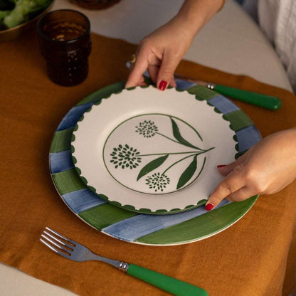 Adelia Hand Painted Dessert Plate - Green and White - on the table - Matching Clarice Dinner Plate and Green Cutlery
