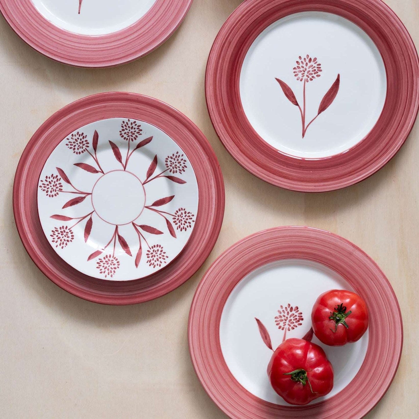 Cecilia Hand-Painted Ceramic Dinner Plate - Red and white - on the table - Matching with Cora Dessert Plate