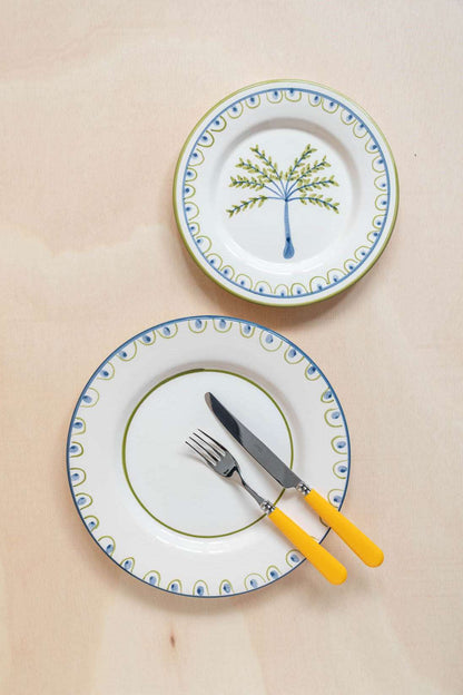 Coconut Hand-Painted Ceramic Dinner Plate - White, Green, and Blue - Matching with Coqueiro Dessert Plate