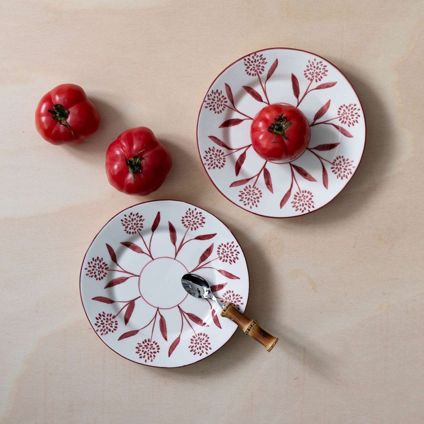 2 Cora Hand-Painted Ceramic Dessert Plate - Red and White - Matching with Bamboo Cutlery