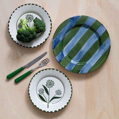 Set of 2 Adelia Hand Painted Dessert Plate - Green and White - Matching with Clarice Ceramic Dinner Plate and Green Cutlery Plate - Front Image