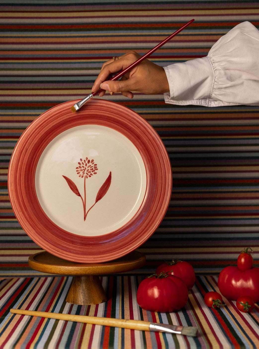 Cecilia Dinner Plate Being Painted - Red and White