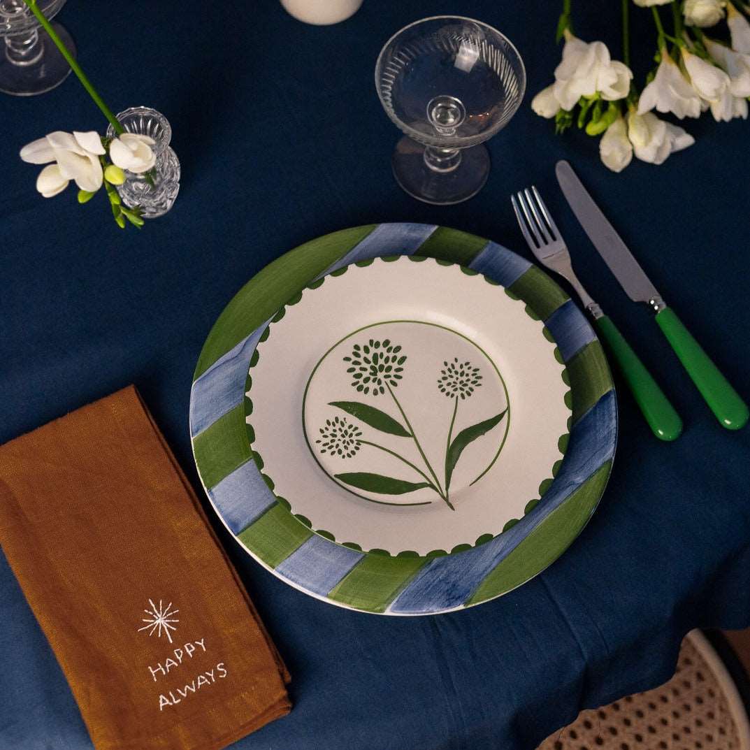 Adelia Hand Painted Dessert Plate - Green and White - Matching with Clarice Ceramic Dinner Plate and Green Cutlery